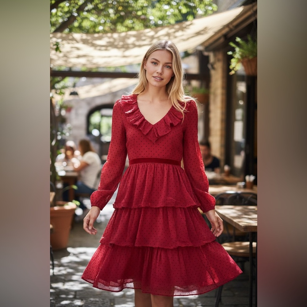Rachel Parcell Deep Red Ruffle Tiered Chiffon Midi Dress SZ 2 NWT